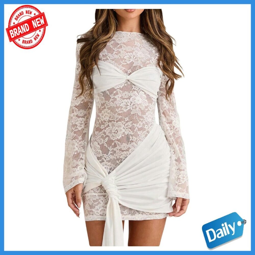 Long Sleeve Lace Bodycon Mini Dress Formal Wedding Guest Mesh